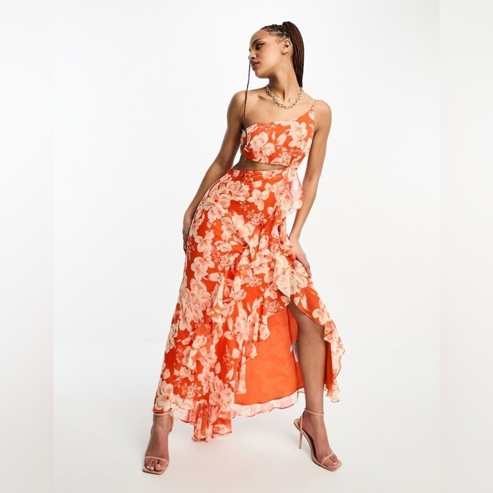 EVER NEW one shoulder cut out maxi dress in red floral